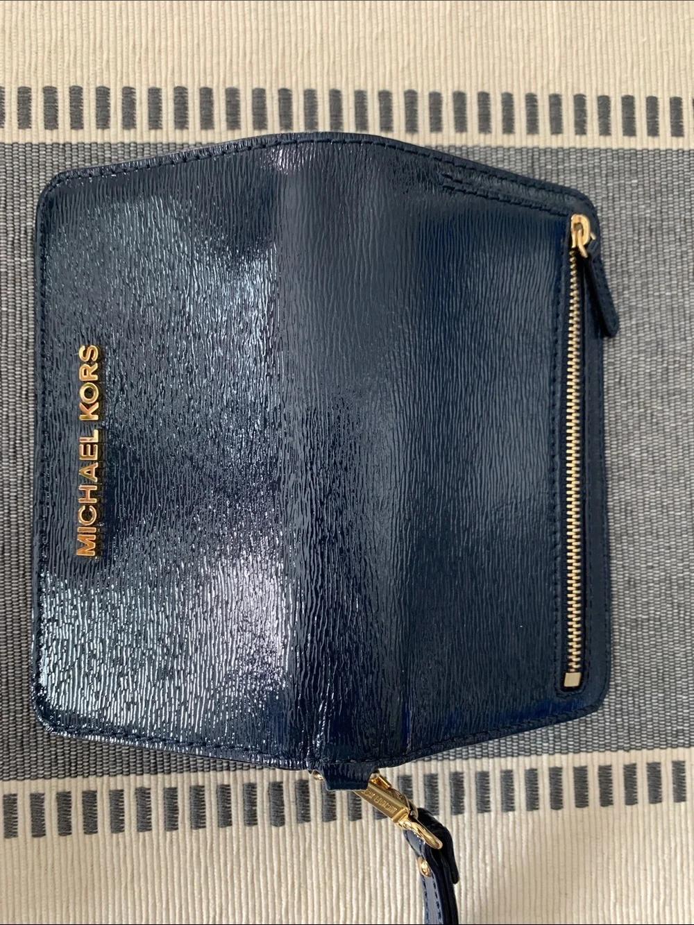 Vintage {Michael Kors} Navy Patent Wristlet with Gold Logo
